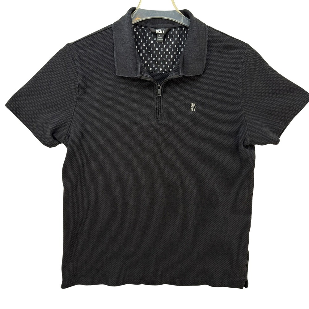 DKNY Polo Shirt Mens Size L Black Textured Waffle Knit Quarter Zip Casual Modern
